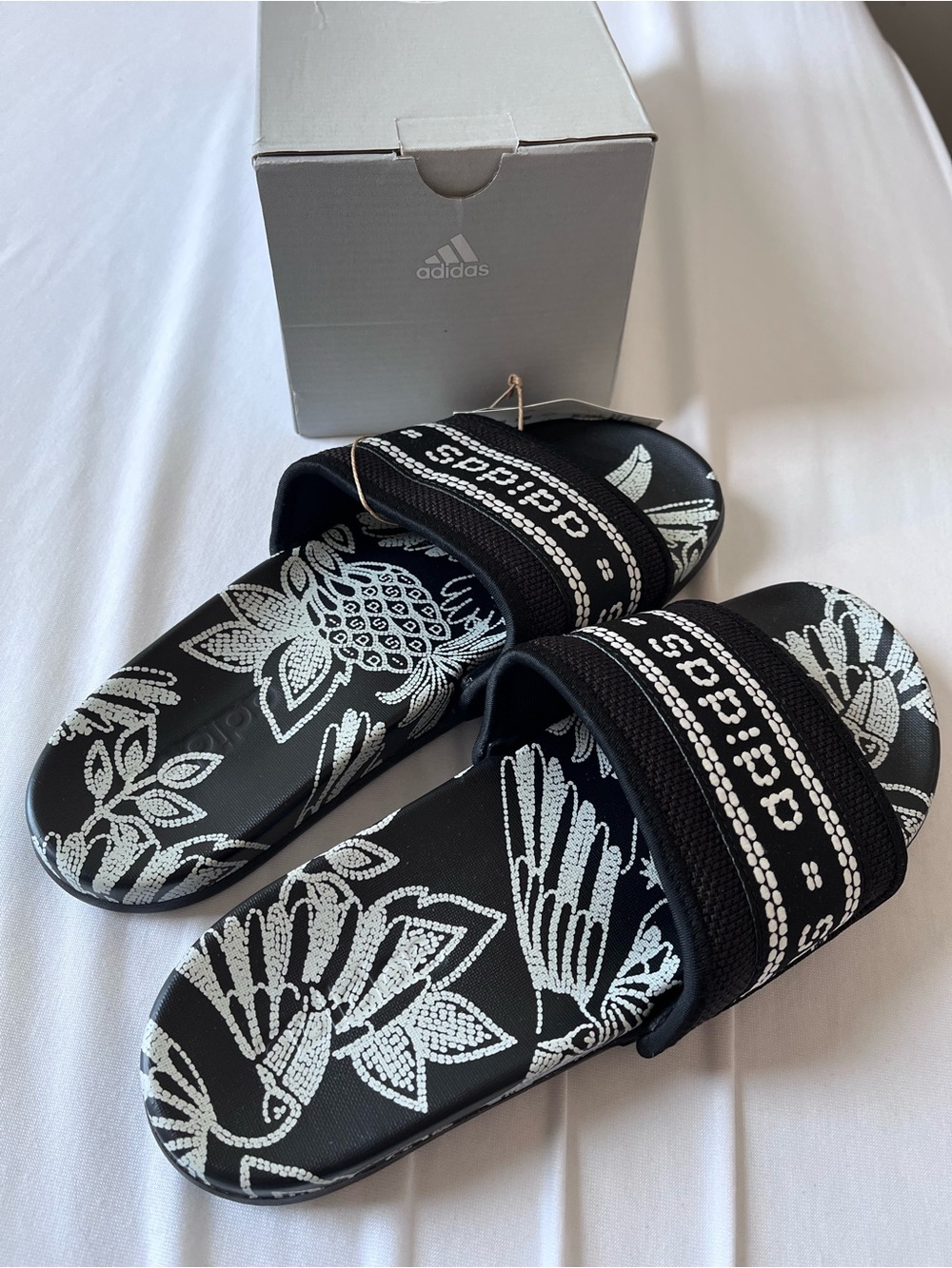 adidas Black and White Floral Slide Sandals - Picture 2 of 2